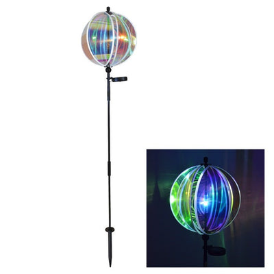 Iridescent 11-inch garden gazing ball spinner with solar light showcasing vibrant colors in an outdoor setting, perfect for garden decor.