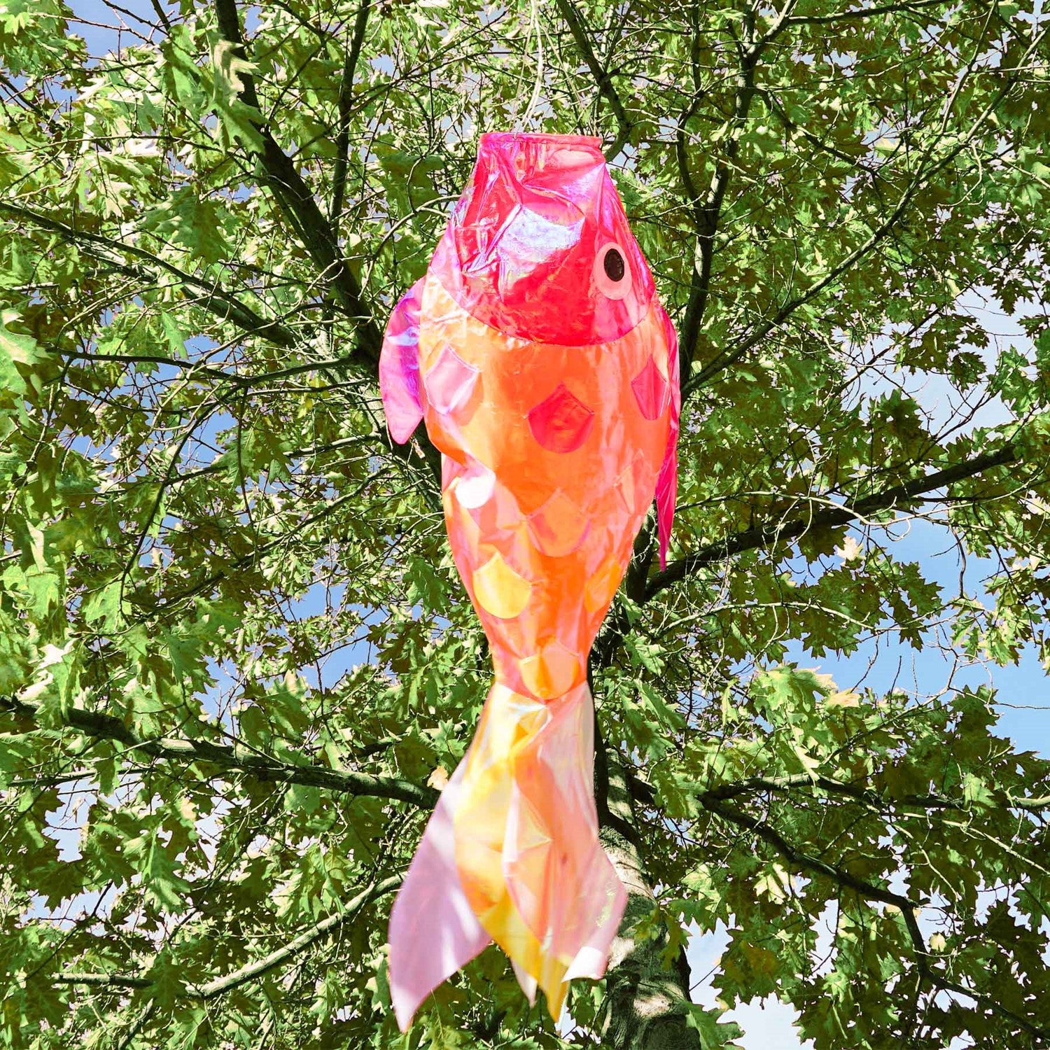 48 inch iridescent hot damsel fish windsock featuring colorful shimmering scales and an applique design hanging gracefully outdoors.