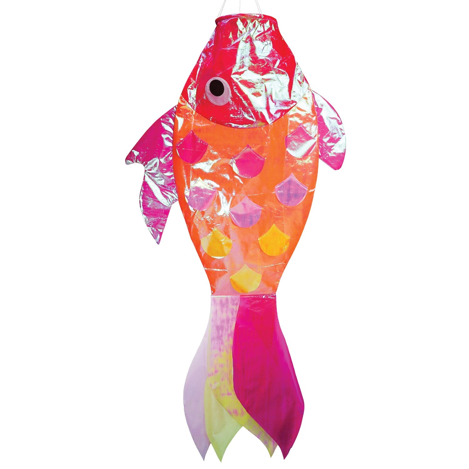 48 inch iridescent hot damsel fish windsock featuring colorful shimmering scales and an applique design hanging gracefully outdoors.