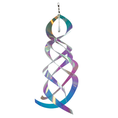 Iridescent Mylar Spin Quartet with Crystal spinning gracefully on a garden hook against a bright blue sky, showcasing vibrant colors and sparkles.