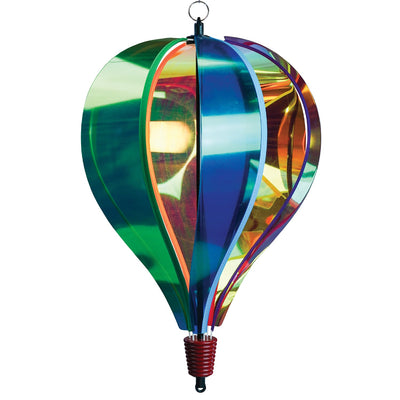 Iridescent Rainbow 6-Panel Hot Air Balloon spinner in vibrant colors, gently rotating in an outdoor garden setting.