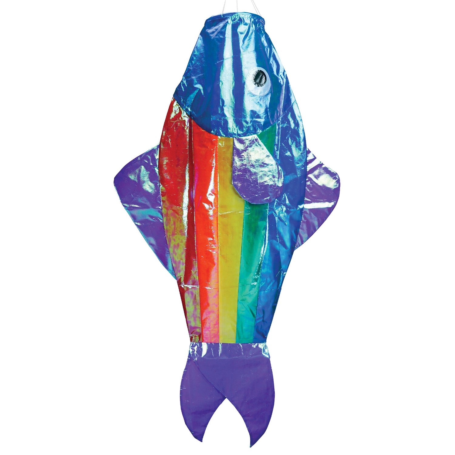 48-Inch Iridescent Rainbow Fishy Windsock featuring shimmering rainbow colors, purple fins, and a blue head, hanging in an outdoor garden.