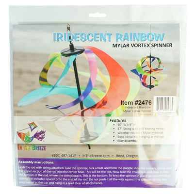 Iridescent Rainbow Vortex Spinner featuring six Mylar spirals hanging in a garden, shimmering in the breeze and reflecting light.