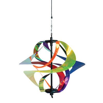 Iridescent Rainbow Vortex Spinner featuring six Mylar spirals hanging in a garden, shimmering in the breeze and reflecting light.