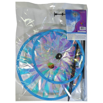 Iridescent Sparkle Double Wheel Spinner featuring dual wheels with reflective PVC material, spinning gracefully in a garden setting.