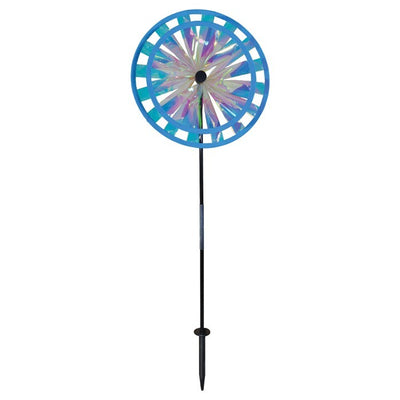 Iridescent Sparkle Double Wheel Spinner featuring dual wheels with reflective PVC material, spinning gracefully in a garden setting.