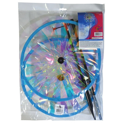 Iridescent Sparkle Duo Wheel Spinner with two colorful reflective wheels rotating in a vibrant outdoor garden setting.
