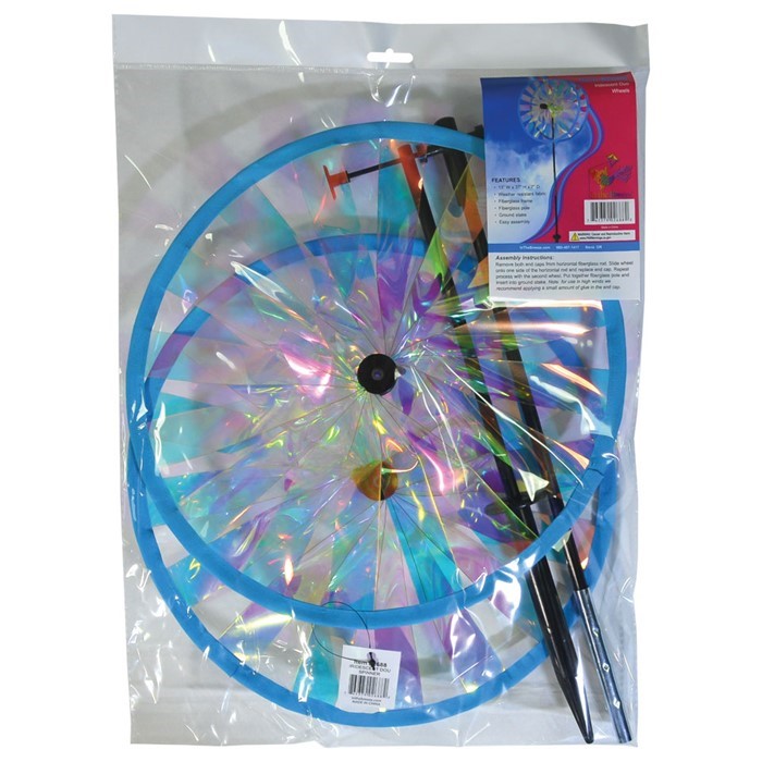Iridescent Sparkle Duo Wheel Spinner with two colorful reflective wheels rotating in a vibrant outdoor garden setting.