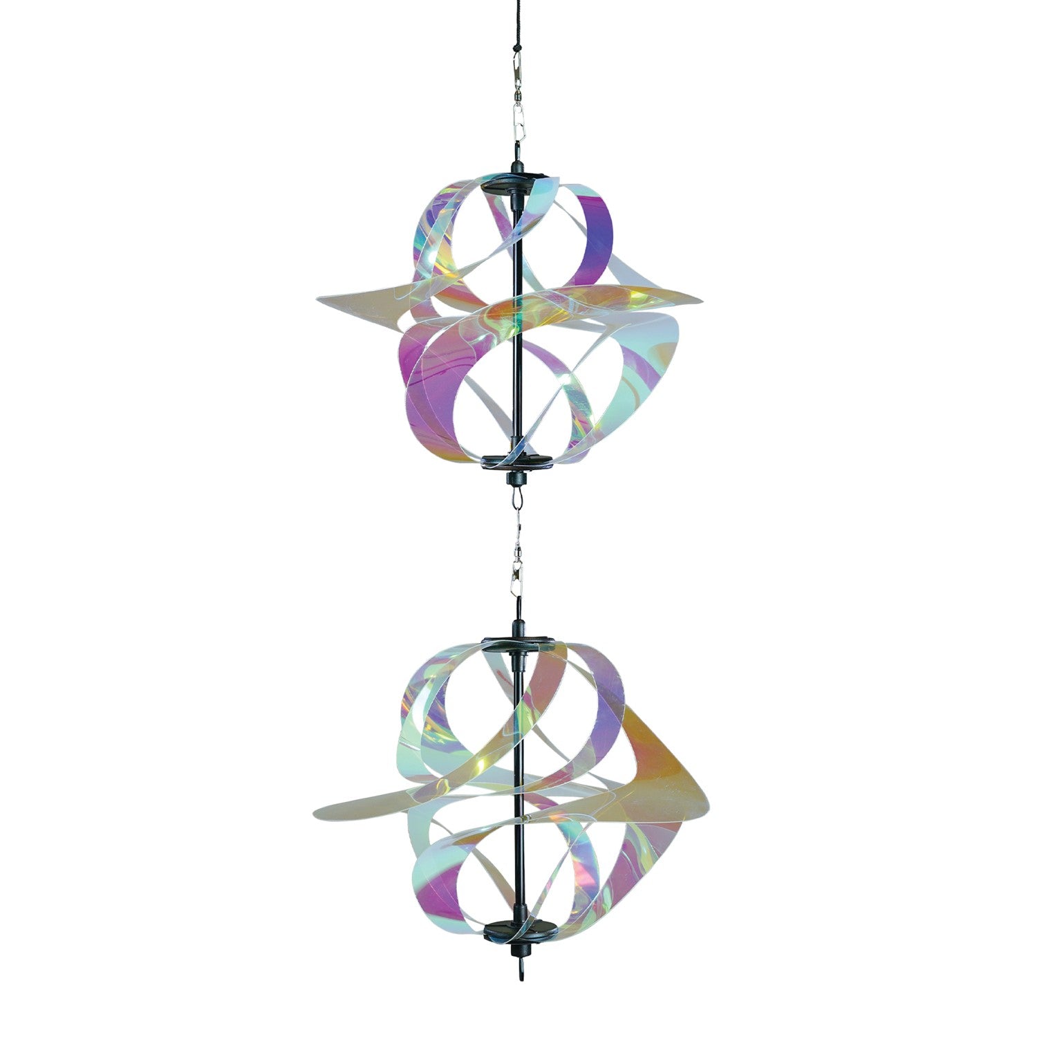 Iridescent Vortex Double Spinner showcasing interconnected Mylar spirals spinning in a sunny garden setting, creating a vibrant visual display.