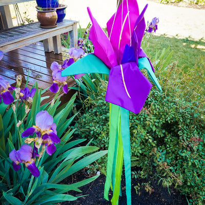 Iris Windtail features vibrant 3D iris flowers with colorful tails, gracefully hanging outdoors and rustling in the wind.