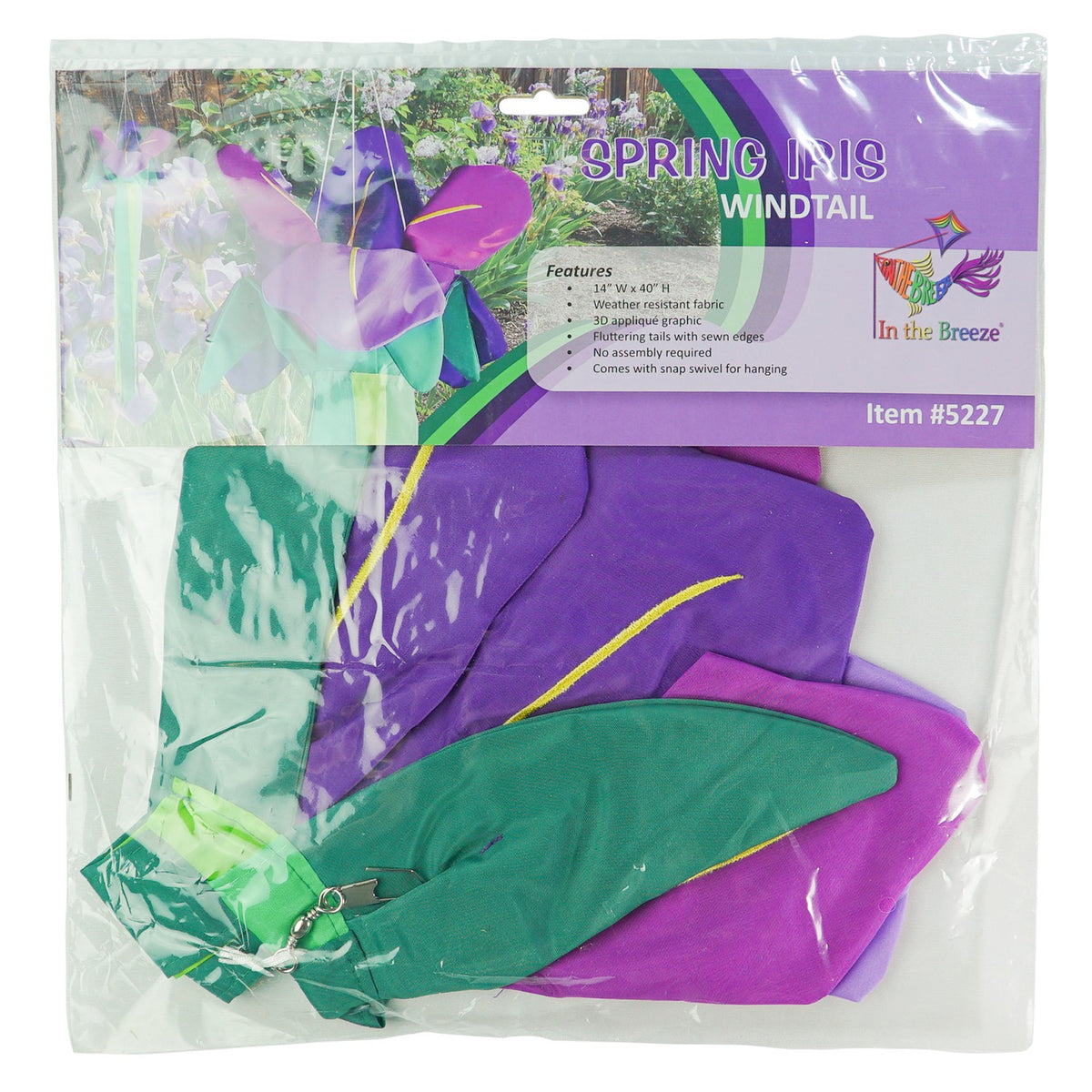 Iris Windtail features vibrant 3D iris flowers with colorful tails, gracefully hanging outdoors and rustling in the wind.