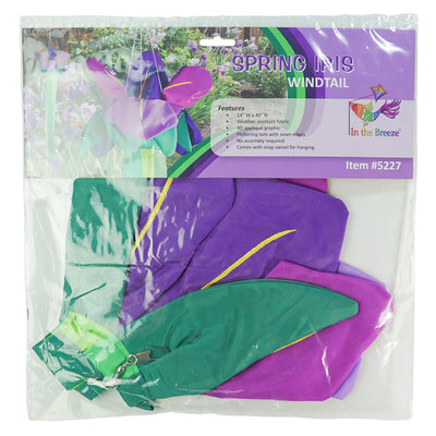 Iris Windtail features vibrant 3D iris flowers with colorful tails, gracefully hanging outdoors and rustling in the wind.