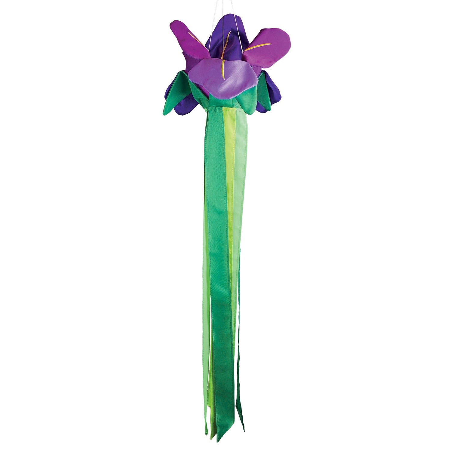 Iris Windtail features vibrant 3D iris flowers with colorful tails, gracefully hanging outdoors and rustling in the wind.
