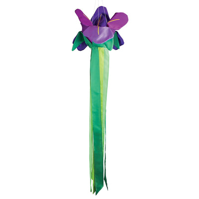 Iris Windtail features vibrant 3D iris flowers with colorful tails, gracefully hanging outdoors and rustling in the wind.