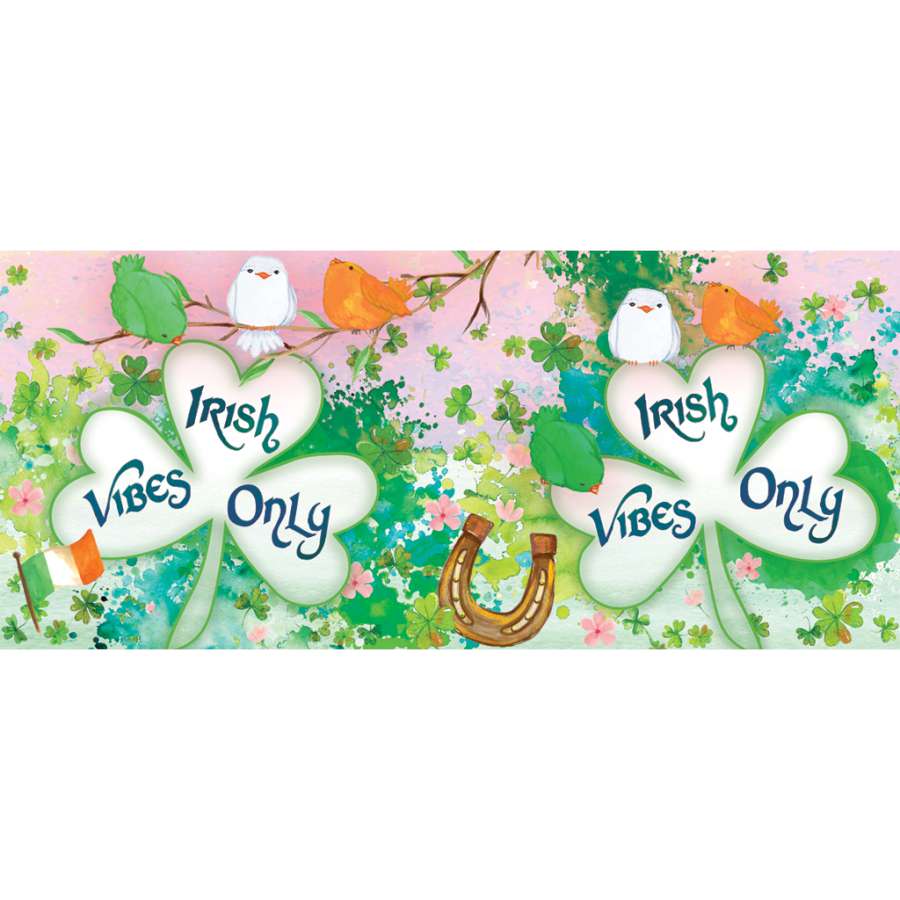 Irish Vibes Windsock featuring bright colors and the phrase 'Irish Vibes Only' flying in the breeze in an outdoor garden setting.