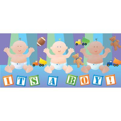 It's A Boy windsock featuring a cheerful design, measuring 40 inches, hanging gracefully in a garden setting with a sunny background.