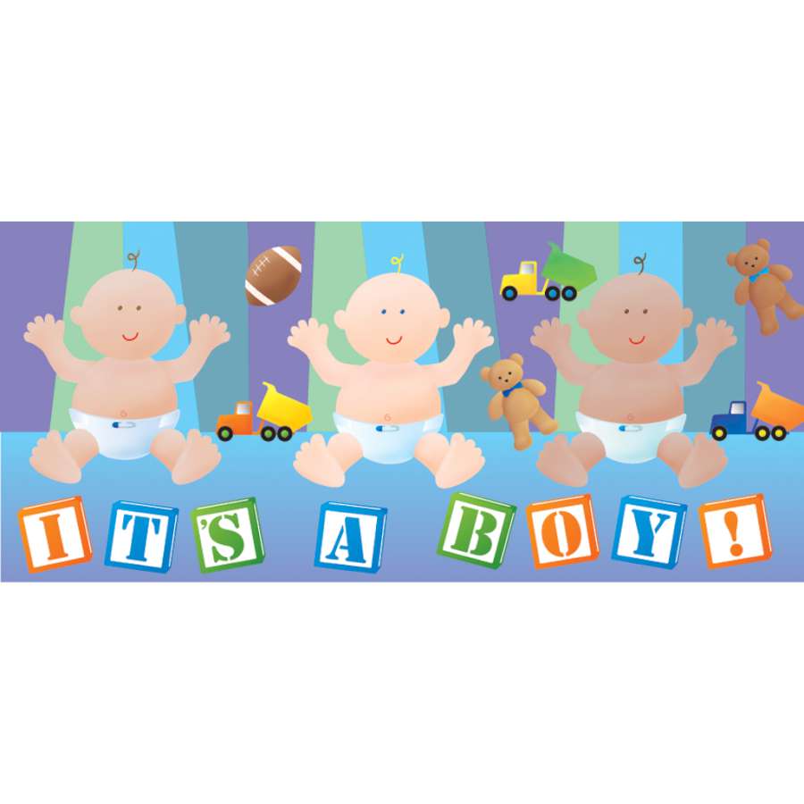 It's A Boy windsock featuring a cheerful design, measuring 40 inches, hanging gracefully in a garden setting with a sunny background.