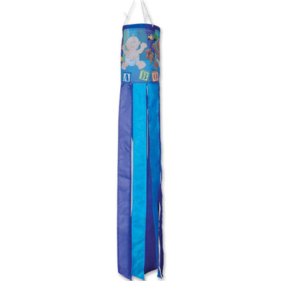 It's A Boy windsock featuring a cheerful design, measuring 40 inches, hanging gracefully in a garden setting with a sunny background.