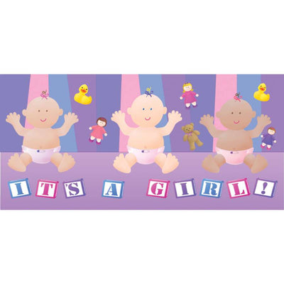 It's A Girl windsock measuring 40 inches, decorated in pastel colors and whimsical designs, gently fluttering outside in a garden setting.