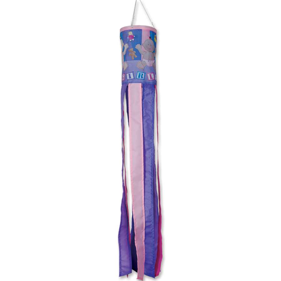 It's A Girl windsock measuring 40 inches, decorated in pastel colors and whimsical designs, gently fluttering outside in a garden setting.