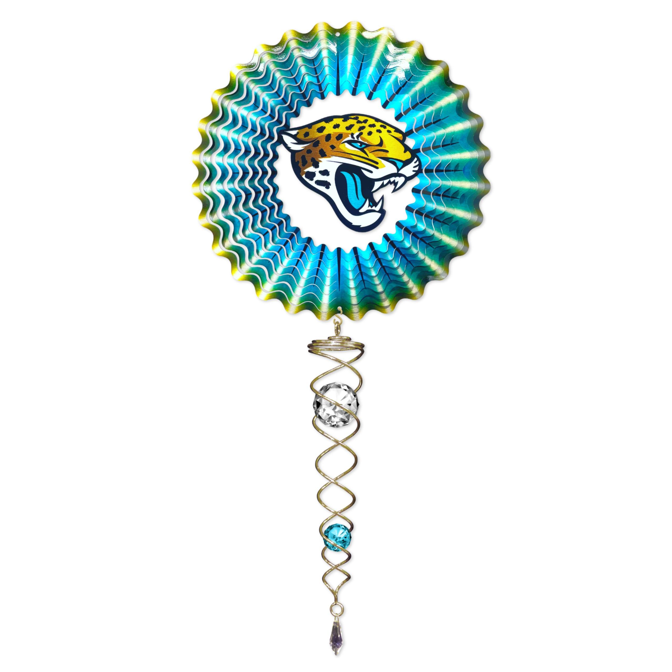 Jacksonville Jaguars NFL Mini Set featuring a wind spinner and crystal twister, showcasing team-themed artwork in a vibrant outdoor setting.