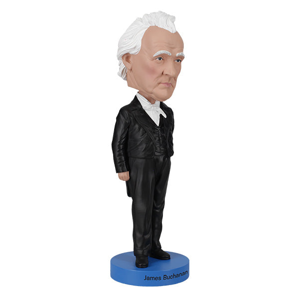 James Buchanan Bobblehead with detailed likeness, wearing classic presidential attire, displayed on an office desk against a clean background.
