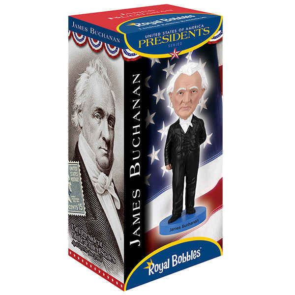 James Buchanan Bobblehead with detailed likeness, wearing classic presidential attire, displayed on an office desk against a clean background.
