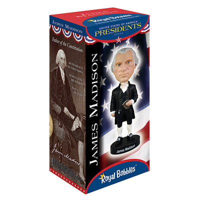James Madison bobblehead showcasing intricate detailing, featuring the likeness of America's 4th President in a colorful display.