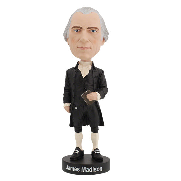 James Madison bobblehead showcasing intricate detailing, featuring the likeness of America's 4th President in a colorful display.