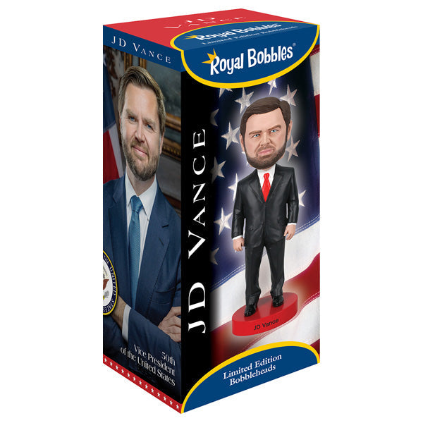 JD Vance Bobblehead standing 8 inches tall, meticulously detailed with a lively spring-mounted head, perfect for display in any collection.