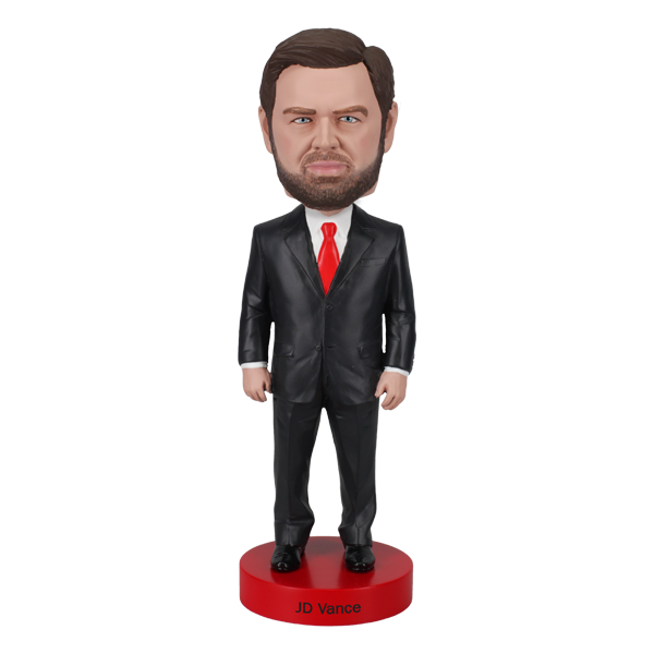 JD Vance Bobblehead standing 8 inches tall, meticulously detailed with a lively spring-mounted head, perfect for display in any collection.