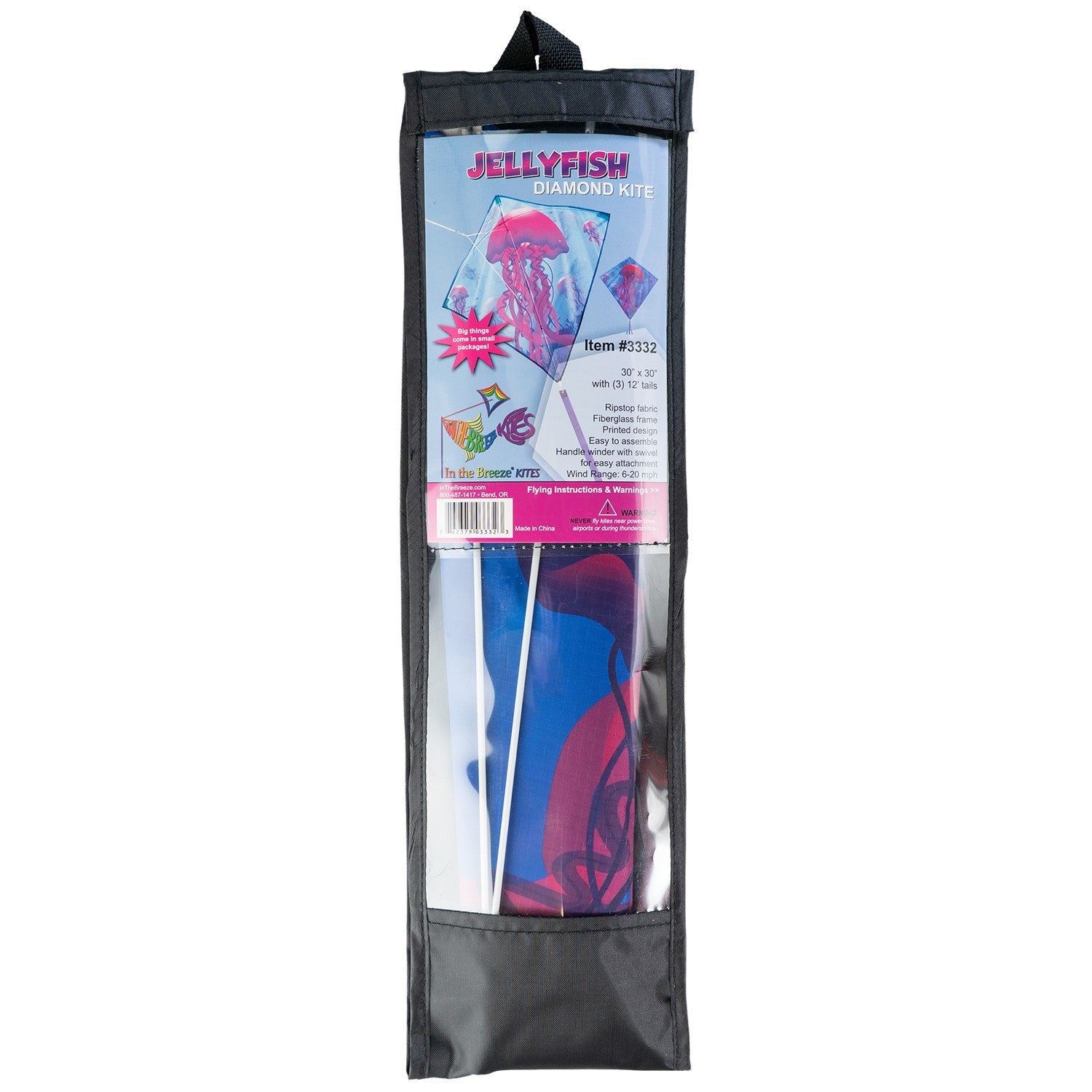 Jellyfish 30" Diamond Kite soaring against the blue sky with vibrant colors and tails, designed for easy flying.