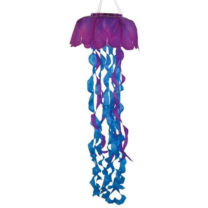 Jellyfish 3D Windsock in purple and blue colors hanging outdoors, showcasing vibrant tentacles fluttering in the wind against a bright sky.