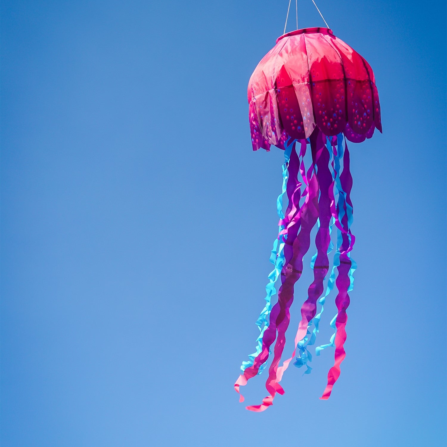 Colorful Jellyfish Big Breeze WindsockTM with flowing tentacles swaying in the wind, displayed in an outdoor setting to enhance the atmosphere.