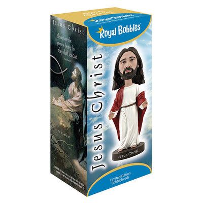 Hand-painted Jesus Christ Bobblehead made of heavyweight polyresin, showcasing intricate details, displayed indoors on a shelf.