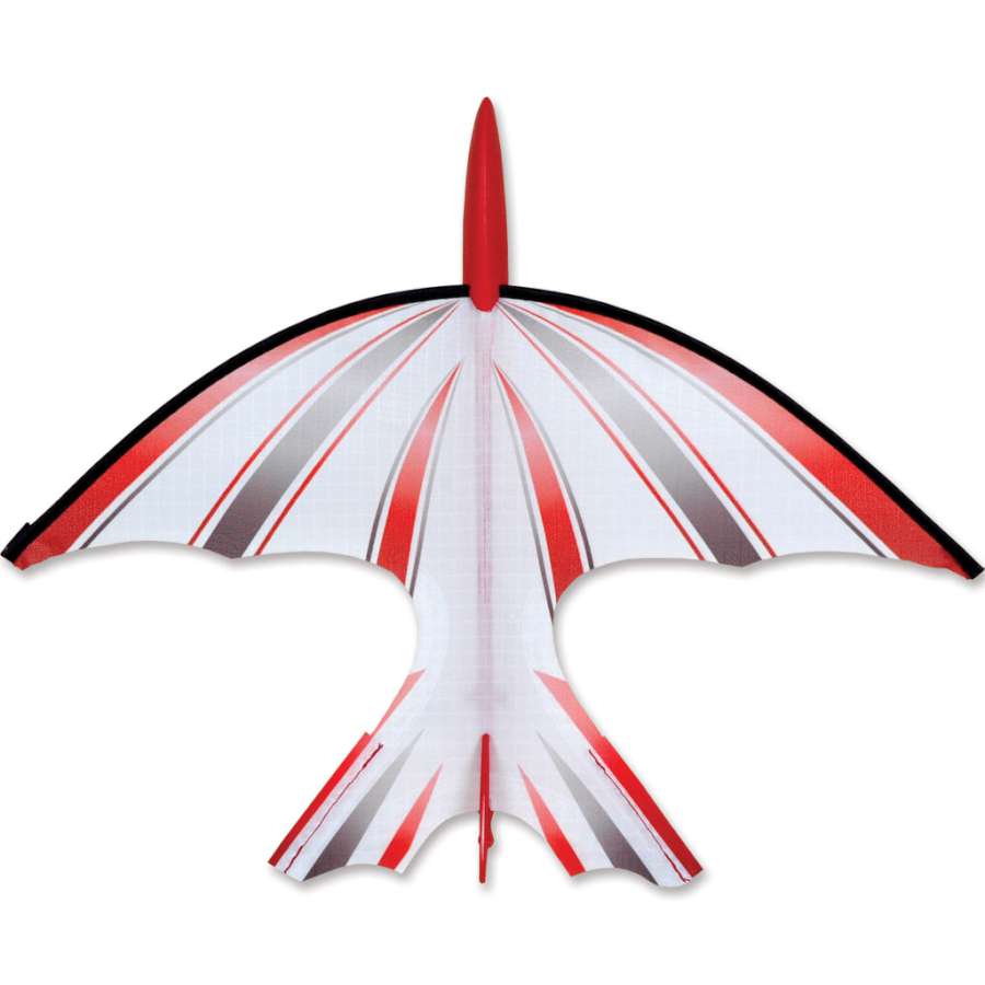 Jet Glider - Javelin kite soaring through a clear sky against a backdrop of lush greenery, featuring vibrant colors and a sleek design.