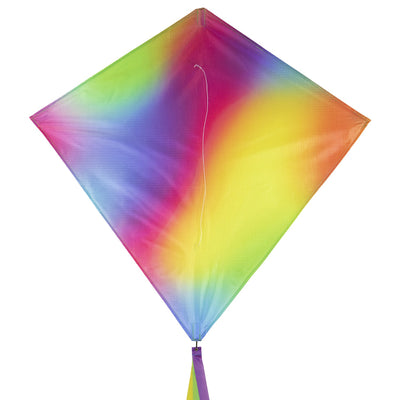 The Jewel 30" Diamond Kite features a vibrant color blend with a diamond shape, perfect for outdoor flying, complete with colorful tails for added fun.