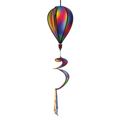 Jewel 6-Panel Hot Air Balloon spinner featuring a rainbow design, spinning gently in the breeze against a clear blue sky outdoors.