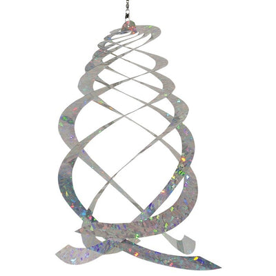 The Jewel Crystal Spinner displaying five reflective blades glimmering in sunlight, creating a spectrum of colors as it spins in a gentle breeze.