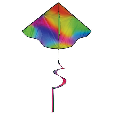 Jewel Delta with Spinning Tail kite featuring vibrant tie dye design in the sky during a sunny day, showcasing a fun outdoor activity.