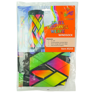 Jewel Diagonal Weave 40-inch windsock with bright jewel colors and black tails, fluttering in a light breeze, displayed in a garden area.