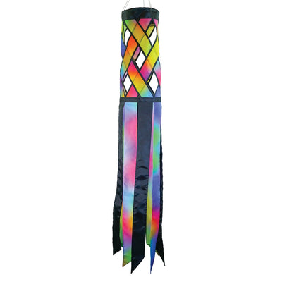 Jewel Diagonal Weave 40-inch windsock with bright jewel colors and black tails, fluttering in a light breeze, displayed in a garden area.