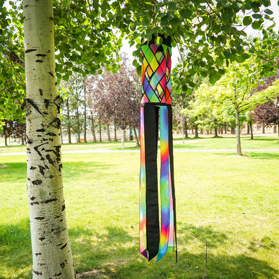 Brightly colored Jewel Diagonal Weave 60" Windsock showcasing jewel tones and black tails fluttering in the breeze, perfect for outdoor decor.