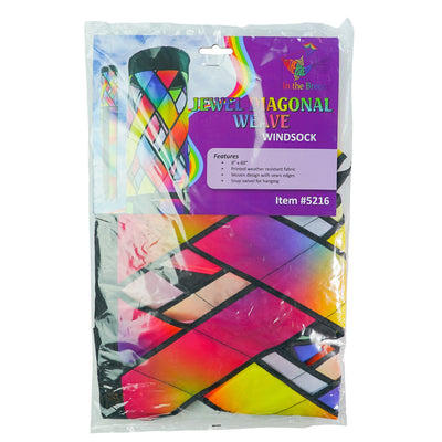Brightly colored Jewel Diagonal Weave 60" Windsock showcasing jewel tones and black tails fluttering in the breeze, perfect for outdoor decor.