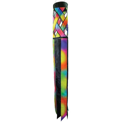 Brightly colored Jewel Diagonal Weave 60" Windsock showcasing jewel tones and black tails fluttering in the breeze, perfect for outdoor decor.