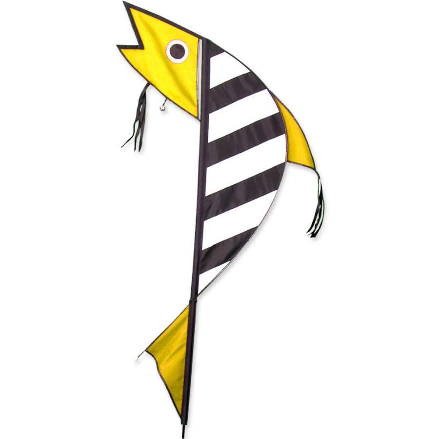 Bright yellow Jingle Fish Banner featuring colorful fish designs fluttering in the breeze at an outdoor party setting.