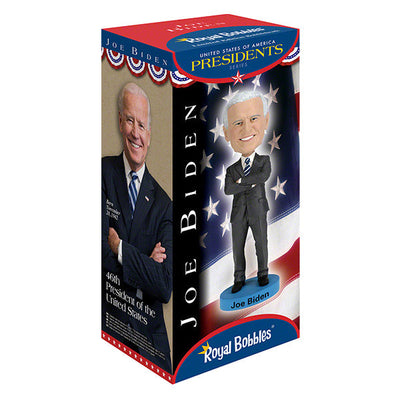 Joe Biden bobblehead standing over 8 inches tall, hand-painted with authentic details, displayed on a colorful shelf against a neutral background.