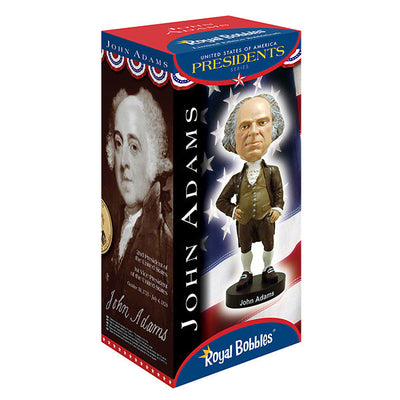 John Adams bobblehead standing 8 inches tall, intricately designed with detailed features, making it a unique collectible honoring the 2nd U.S. President.