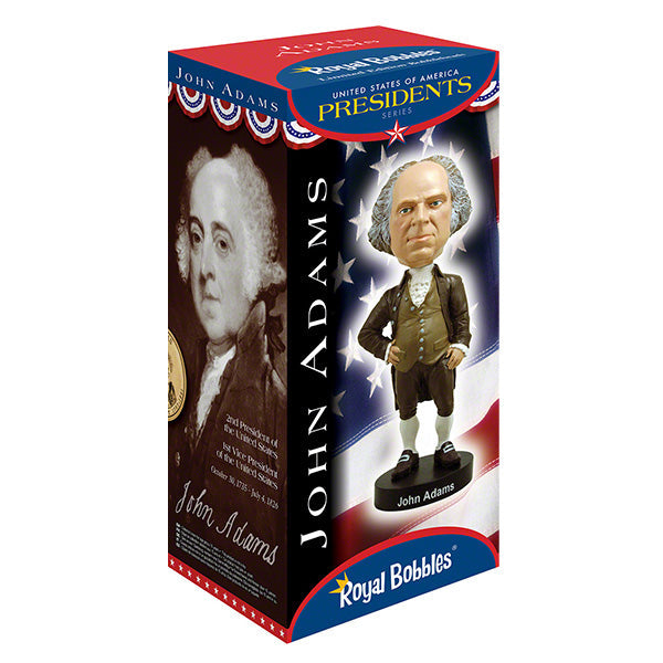 John Adams bobblehead standing 8 inches tall, intricately designed with detailed features, making it a unique collectible honoring the 2nd U.S. President.