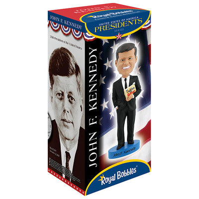 John F. Kennedy v3 bobblehead standing 7 inches tall, depicted holding his book 'Profiles in Courage', intricately hand-painted for collectors.